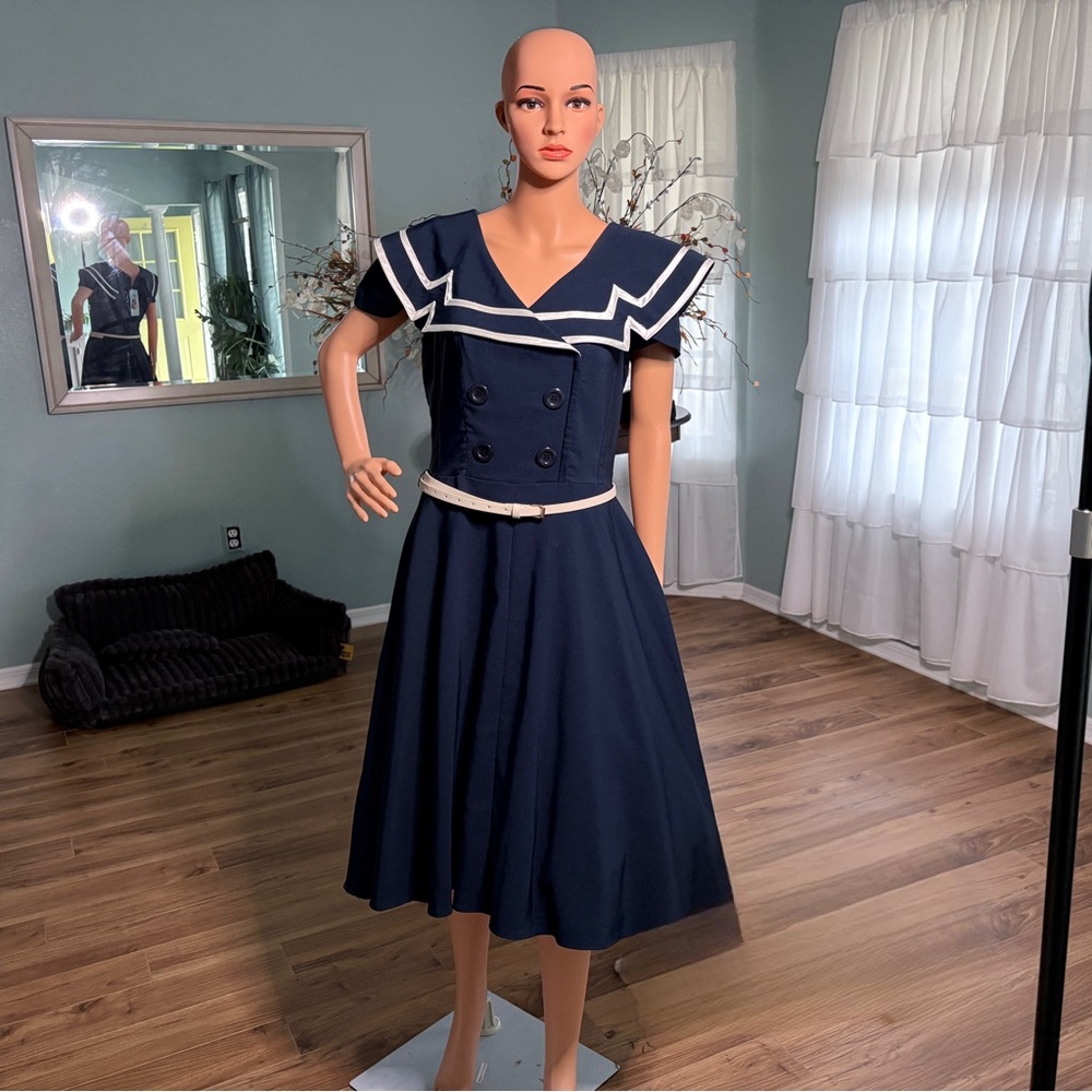 Bettie Page Carpin Circle Dress Navy White Nautical 50s Retro NWT Size XL - Picture 8 of 8